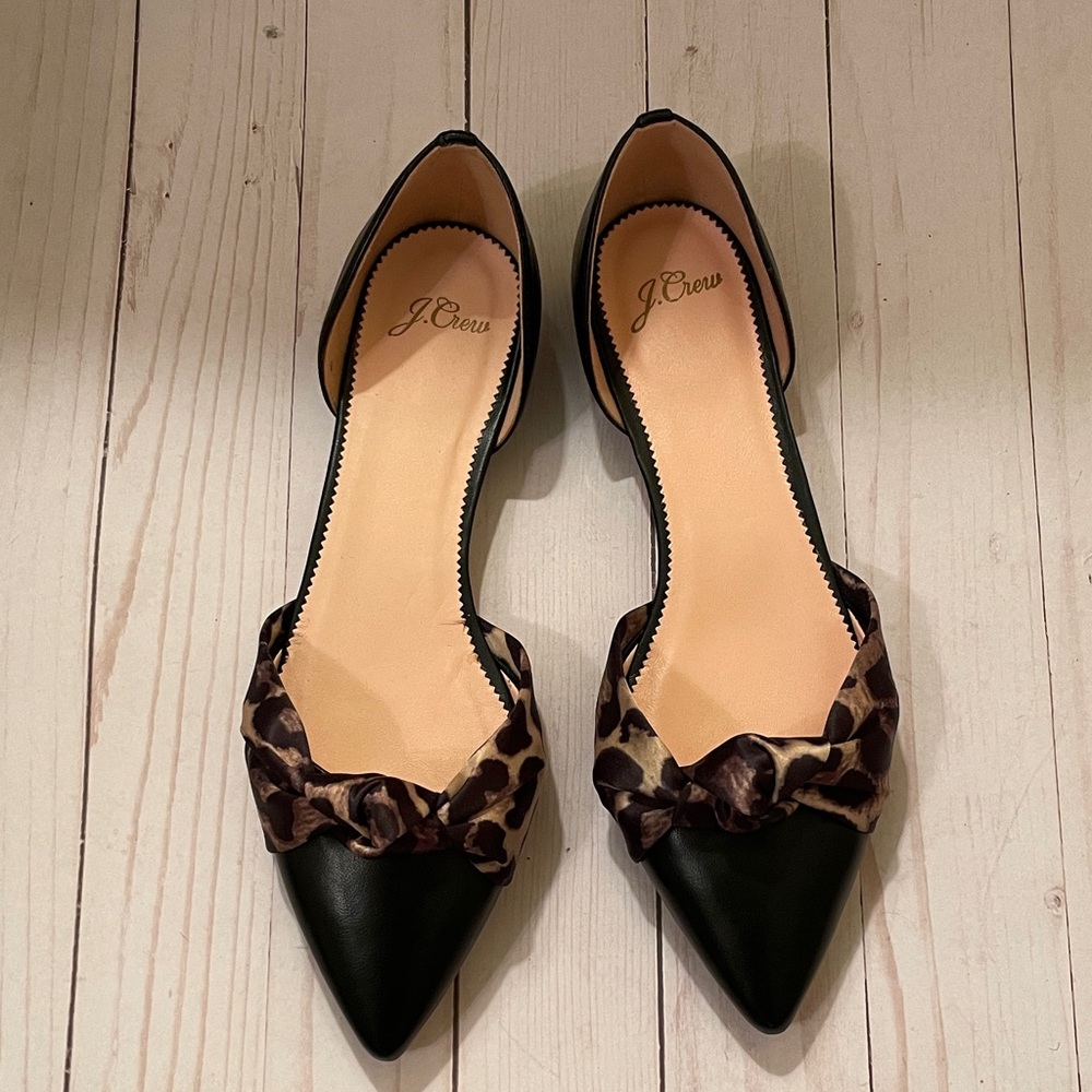 J. Crew Black flats with leopard satin knot size 9.5. New in Box.